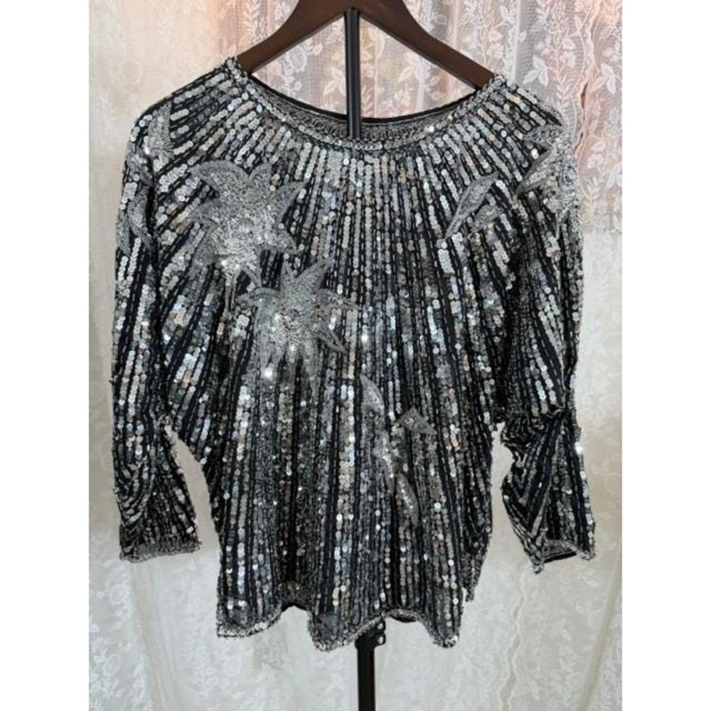 Vintage 1980's Silver Sequin Beaded Star Evening Top Black Dolman Sleeve